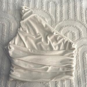One shoulder White Ruched Crop Top
